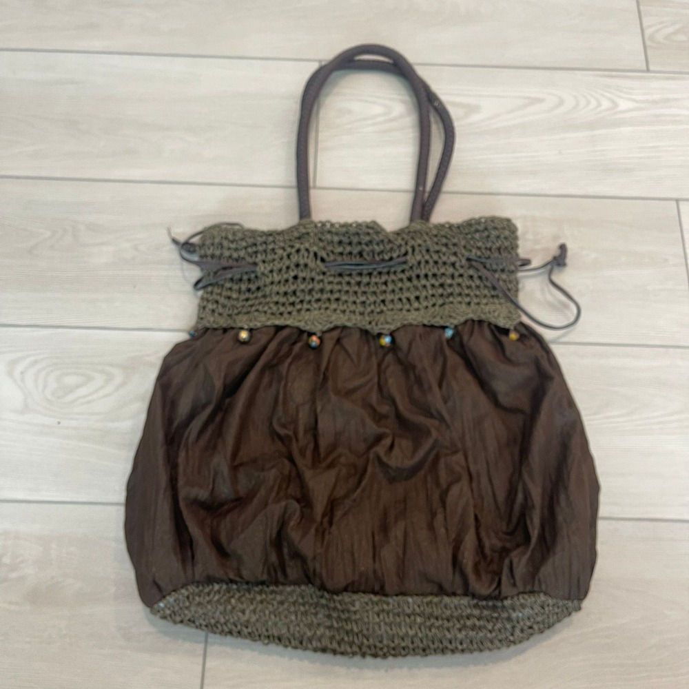 Bohemian Crochet Knit Bag Women Brown Beaded Drawstring Hobo Boho Fairycore Y2k